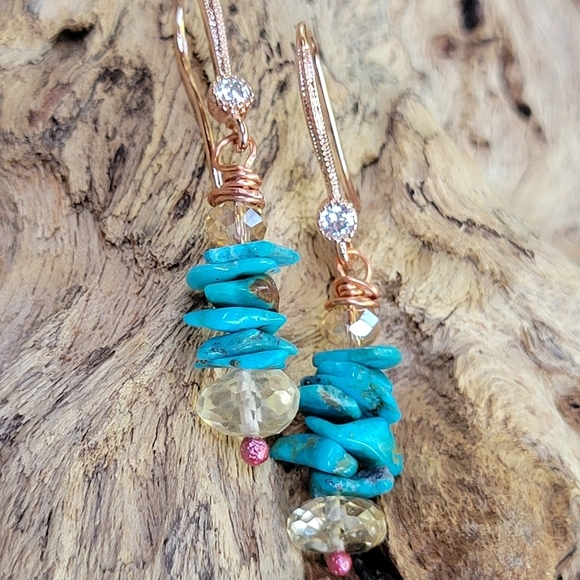 💥LAST PAIR💥Genuine Turquoise Citrine Rosegold Drop Earrings - Picture 5 of 8